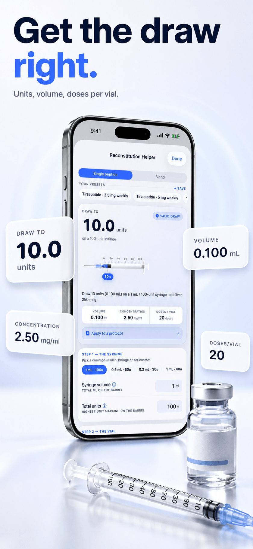 Peptide Protocol reconstitution helper on iPhone showing a 10.0-unit draw on a 100-unit insulin syringe — 0.100 mL at 2.50 mg/ml, giving 20 doses per vial
