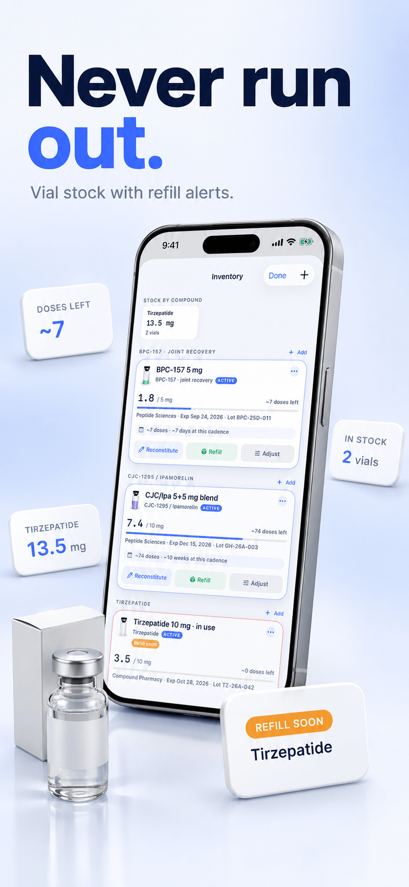 Peptide Protocol vial inventory on iPhone with about 7 doses left of BPC-157, 13.5 mg of tirzepatide across 2 vials, and a Refill soon flag
